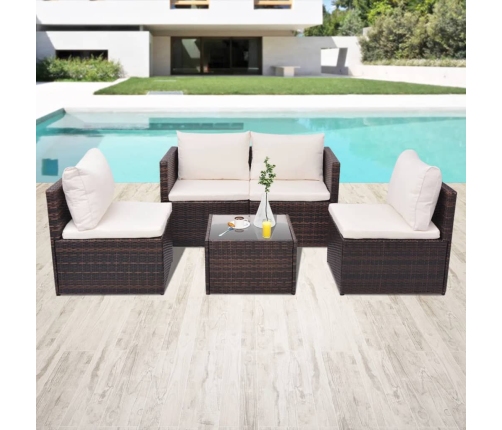 Set muebles de jardín 5 piezas y cojines ratán sintético marrón