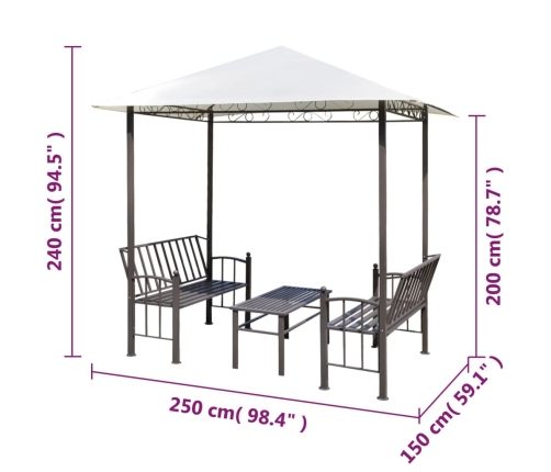 Pérgola de jardín con mesa y bancos 2,5x1,5x2,4 m