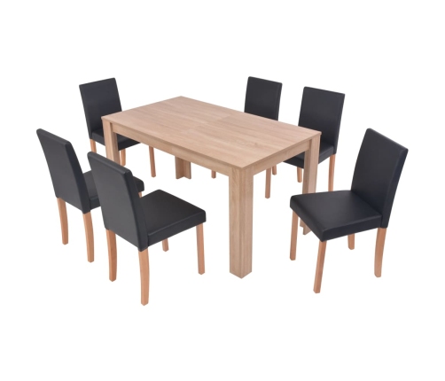 Conjunto de comedor 7 piezas de roble y cuero artificial negro