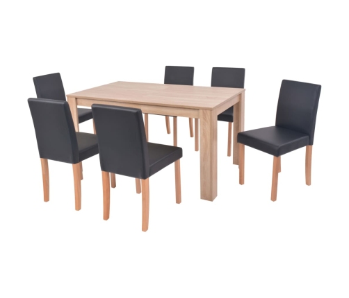 Conjunto de comedor 7 piezas de roble y cuero artificial negro