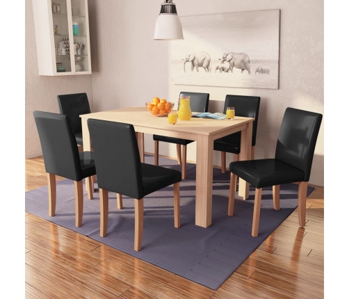 Conjunto de comedor 7 piezas de roble y cuero artificial negro