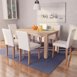 Juego de comedor de roble+cuero artificial 7 piezas color crema