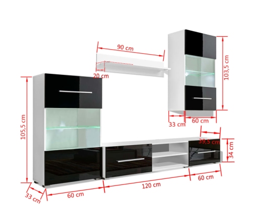 Juego de muebles de salón 5 piezas con iluminación LED negro