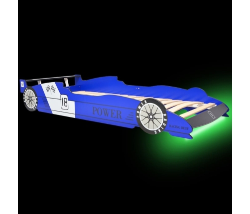 Cama infantil con forma de coche carreras y LED 90x200 cm azul