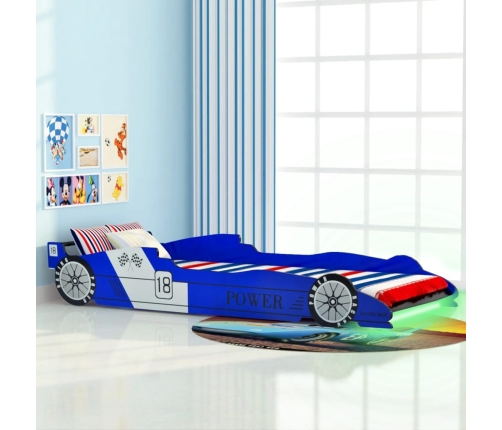 Cama infantil con forma de coche carreras y LED 90x200 cm azul