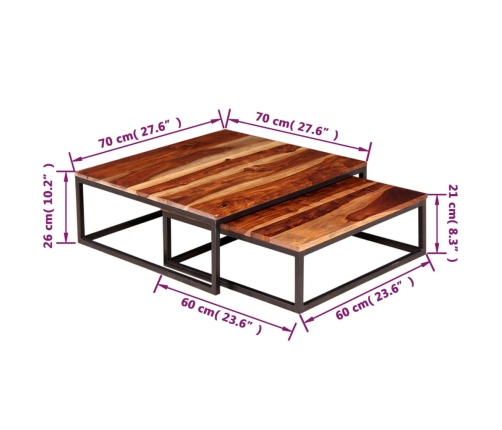 vidaXL Mesas de centro apilables 2 unidades madera maciza de sheesham