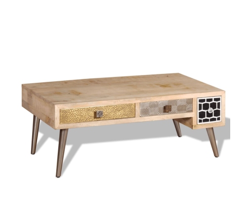 Mesa de centro con cajones madera maciza de mango 105x55x41 cm