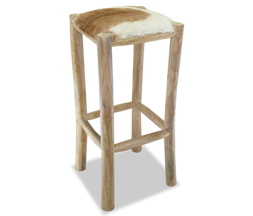 Taburete de cocina de cuero auténtico y madera de teca maciza