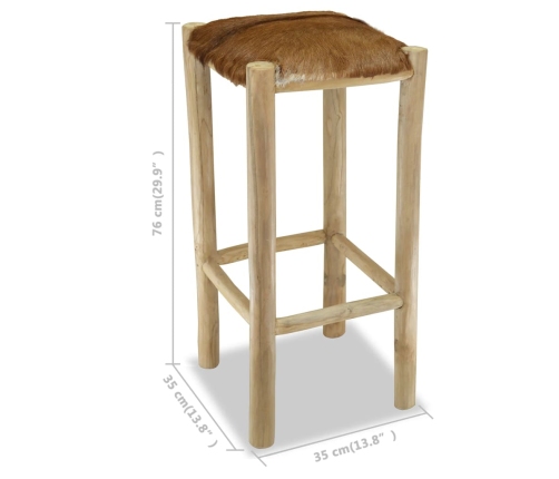 Taburete de cocina de cuero auténtico y madera de teca maciza