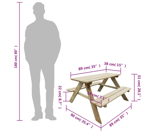 Mesa de picnic para niños madera de pino 89x89,6x50,8 cm