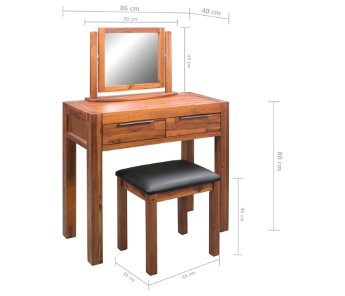 Tocador con taburete y espejo madera de acacia maciza