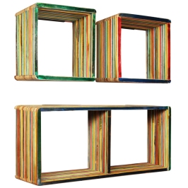 Set estantería de pared 3 uds teca maciza reciclada multicolor