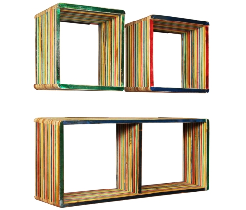 Set estantería de pared 3 uds teca maciza reciclada multicolor