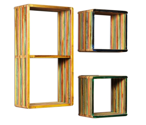 Set estantería de pared 3 uds teca maciza reciclada multicolor