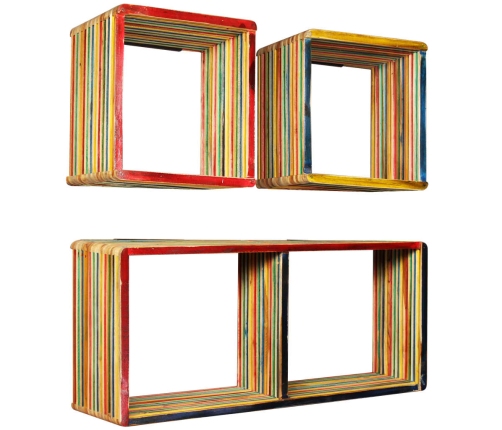 Set estantería de pared 3 uds teca maciza reciclada multicolor