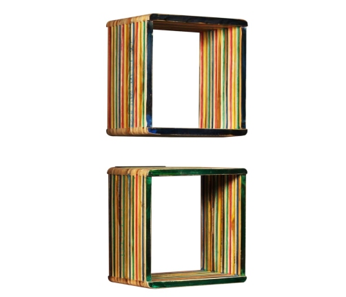 Set estantería de pared 3 uds teca maciza reciclada multicolor