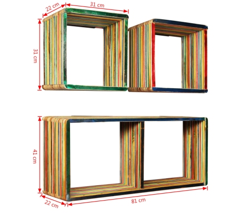 Set estantería de pared 3 uds teca maciza reciclada multicolor