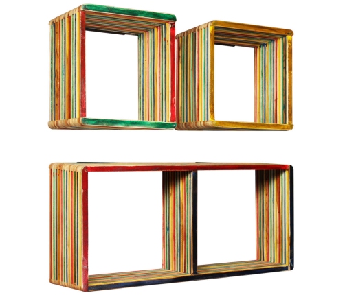 Set estantería de pared 3 uds teca maciza reciclada multicolor