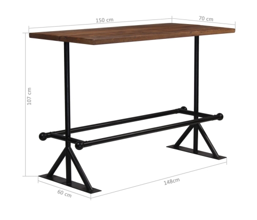 Mesa de bar madera maciza reciclada marrón oscuro 150x70x107 cm