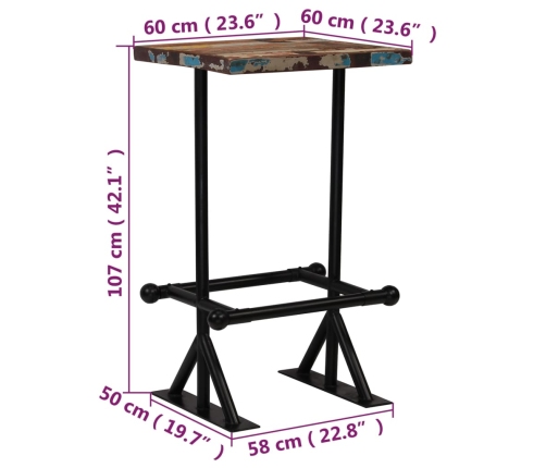 Mesa de bar de madera maciza reciclada multicolor 60x60x107 cm