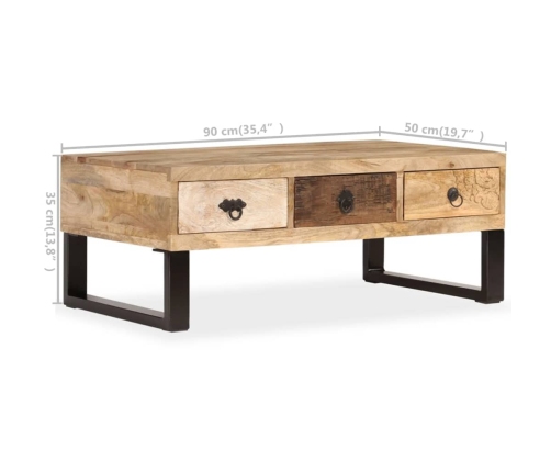 Mesa de centro con 3 cajones madera maciza de mango 90x50x35 cm