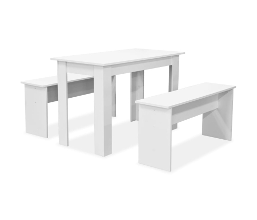 Mesa de comedor y bancos 3 piezas madera contrachapada blanca