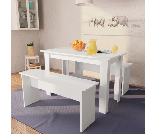 Mesa de comedor y bancos 3 piezas madera contrachapada blanca