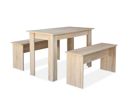 Mesa de comedor y bancos 3 piezas madera ingeniería roble