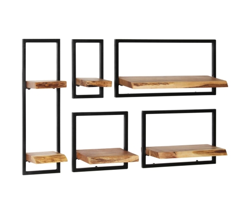 Conjunto estantes pared 5 piezas madera maciza acacia y acero