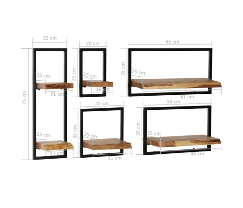 Conjunto estantes pared 5 piezas madera maciza acacia y acero