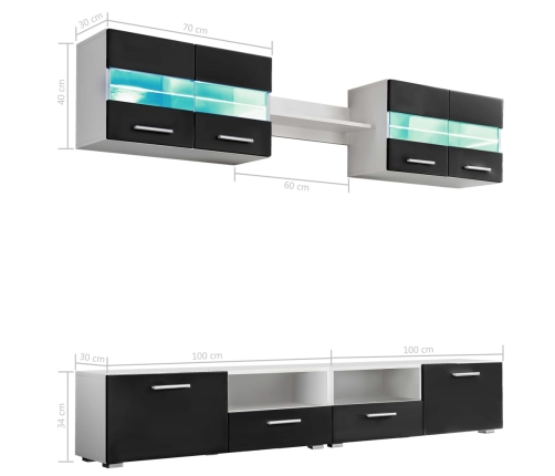 Mueble de salón de TV con luces LED negro brillante 5 piezas