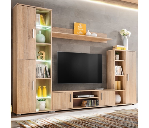 Mueble de salón de pared para TV con luces LED roble Sonoma