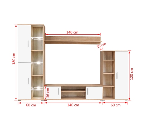 Mueble salón pared para TV con luces LED roble Sonoma y blanco