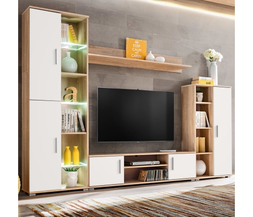 Mueble salón pared para TV con luces LED roble Sonoma y blanco