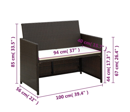 Set muebles de jardín 4 piezas y cojines ratán sintético marrón