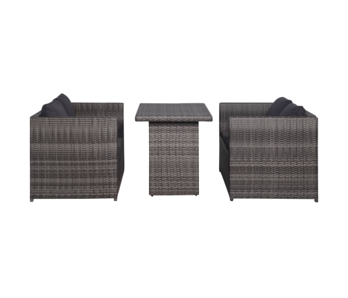 Set mesa y sillas jardín 3 pzas y cojines ratán sintético gris