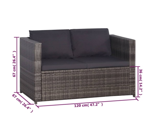 Set mesa y sillas jardín 3 pzas y cojines ratán sintético gris