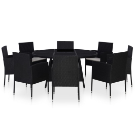 Set comedor de jardín 9 piezas y cojines ratán sintético negro