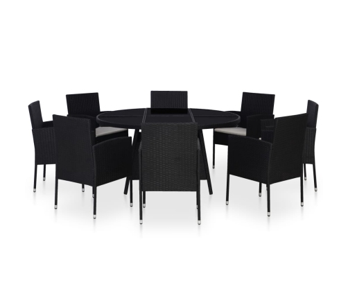 Set comedor de jardín 9 piezas y cojines ratán sintético negro