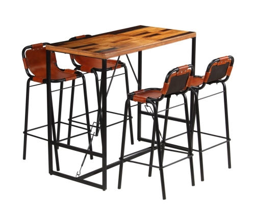 Set muebles bar 5 pzas madera reciclada cuero cabra auténtico