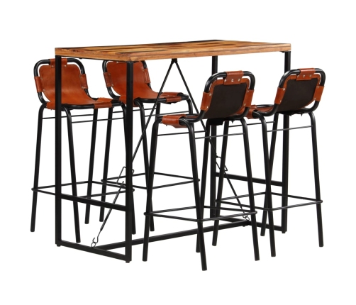 Set muebles bar 5 pzas madera reciclada cuero cabra auténtico