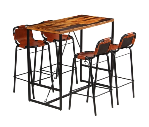 Set muebles bar 5 pzas madera reciclada cuero cabra auténtico