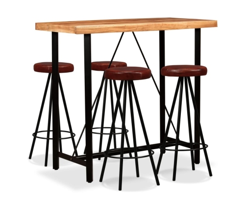 Set muebles de bar 5 pzas madera maciza acacia cuero genuino