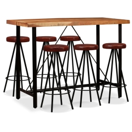 Set muebles de bar 7 pzas madera maciza acacia y cuero genuino