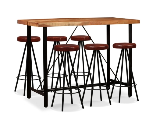 Set muebles de bar 7 pzas madera maciza acacia y cuero genuino