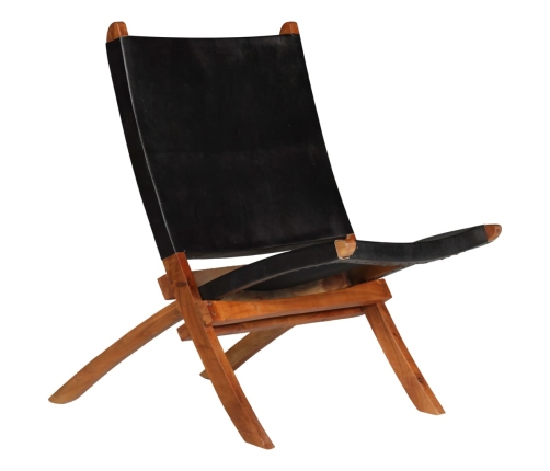 Silla de relax plegable de cuero auténtico negro