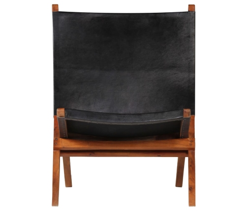 Silla de relax plegable de cuero auténtico negro