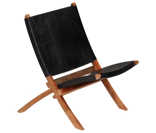 Silla de relax plegable de cuero auténtico negro