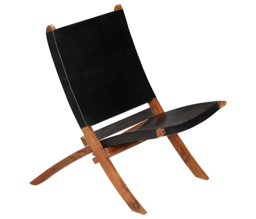 Silla de relax plegable de cuero auténtico negro