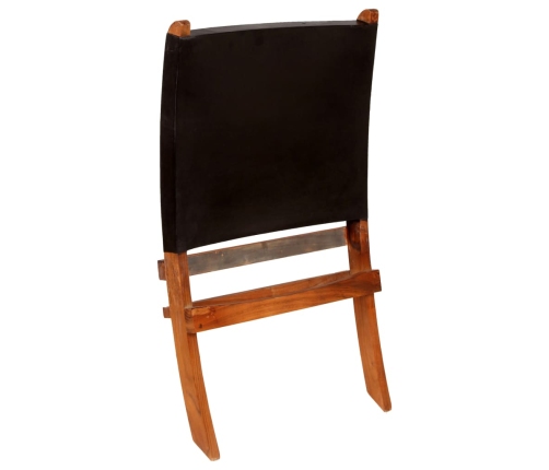 Silla de relax plegable de cuero auténtico negro